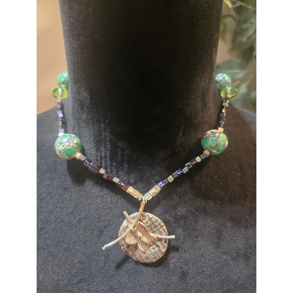 Women's Green Beaded Necklace With Silver Butterfly Pendant And Toggle Clasp